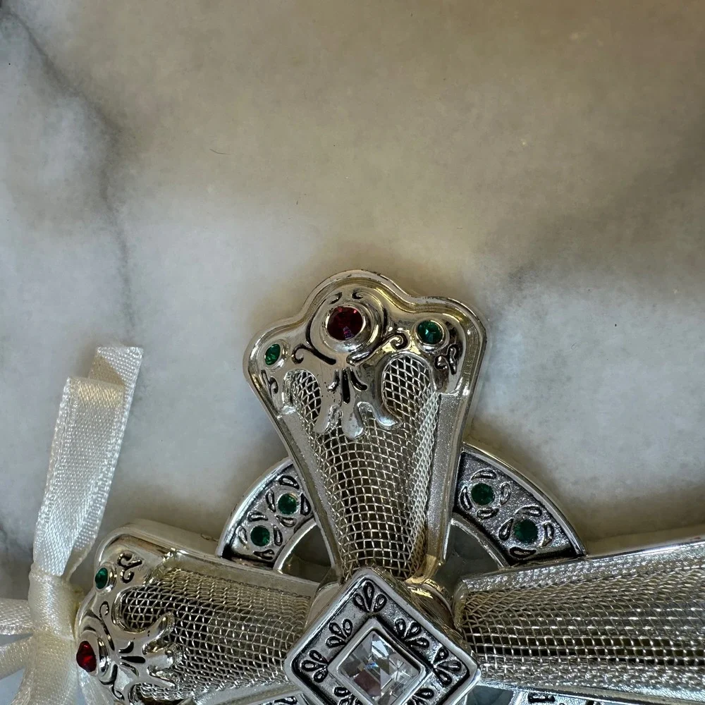 Towle Silver Plated Celtic Cross Christmas Ornament Jeweled Rhinestones 4.25in
